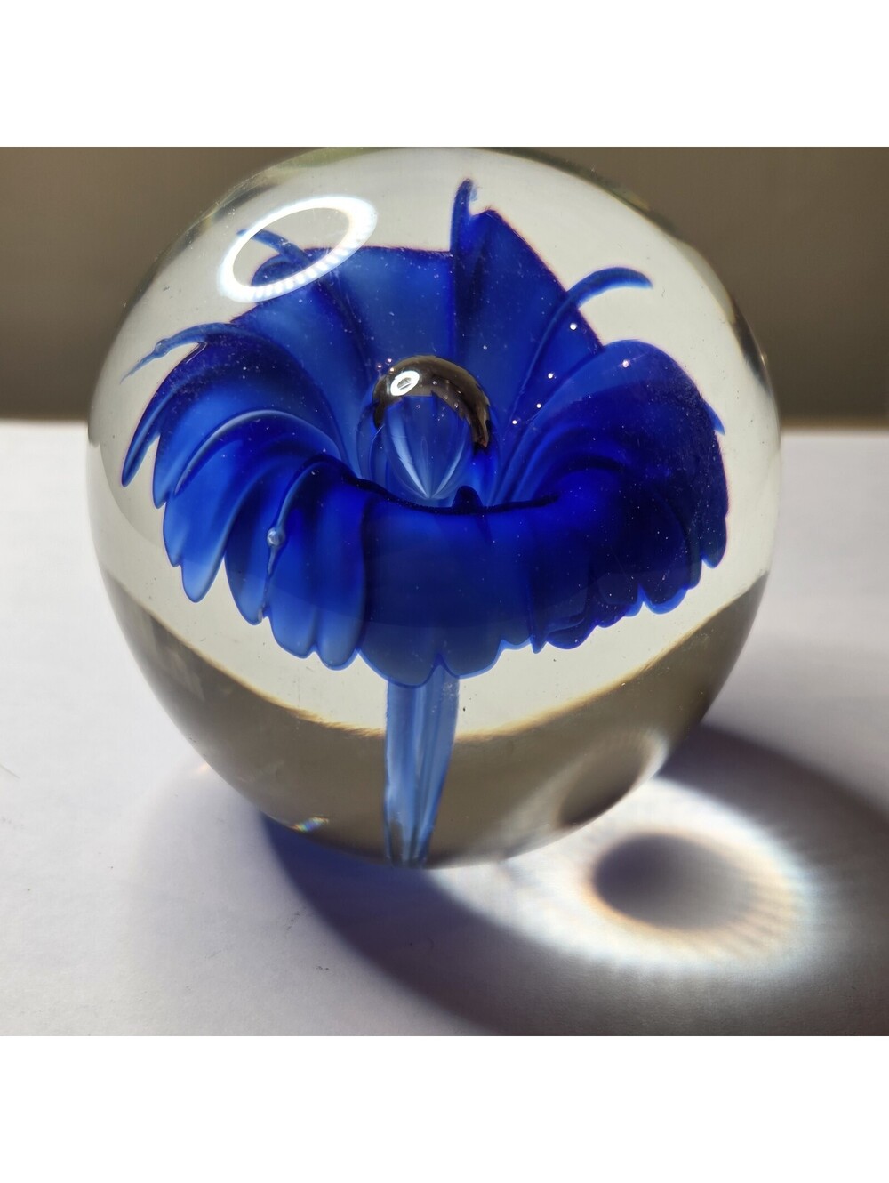 Art Glass Paperweight Cobalt Blue Flower with Large Controlled Bubble BEAUTIFUL!